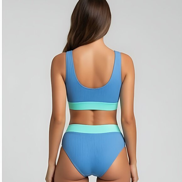 Ribbed Color Block 2pc High Waist Bikini Swimsuit Bathing Suit - Picture 2 of 7